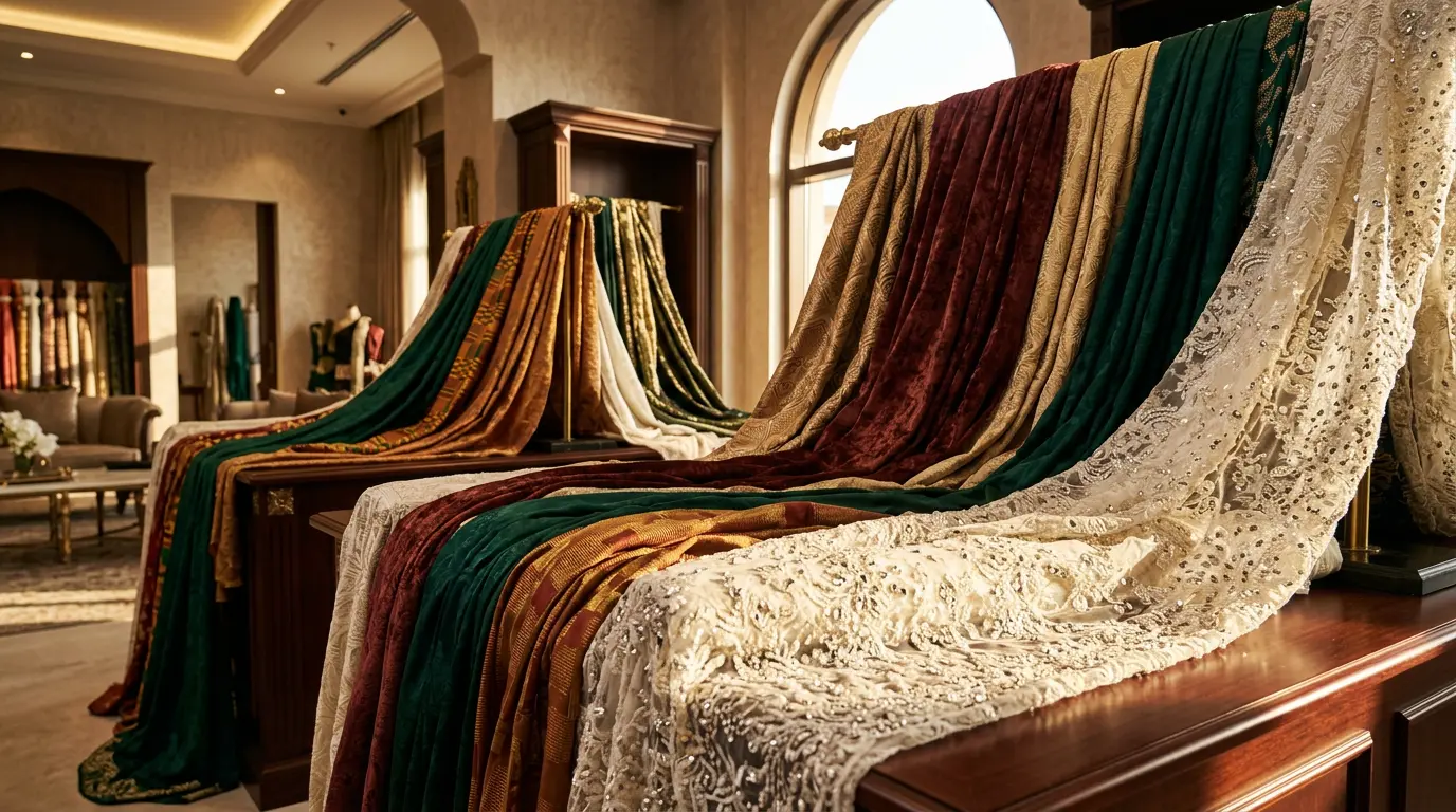 Premium African fabrics and crystal Swiss lace draped in the MJM boutique